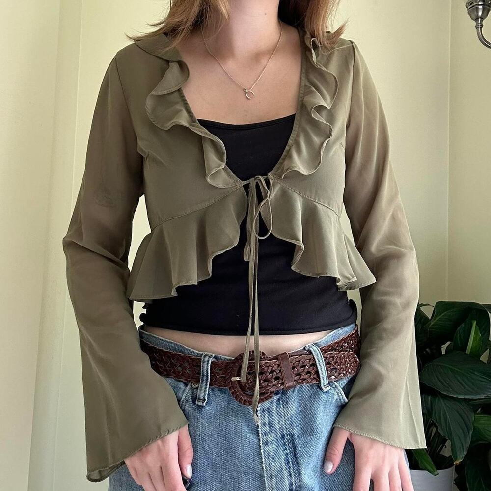 Edikted Green sheer ruffle tie top size medium